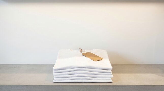 A stack of clean white cotton t shirts neatly folded on a minimalist concrete shelf with a blank cardboard price tag