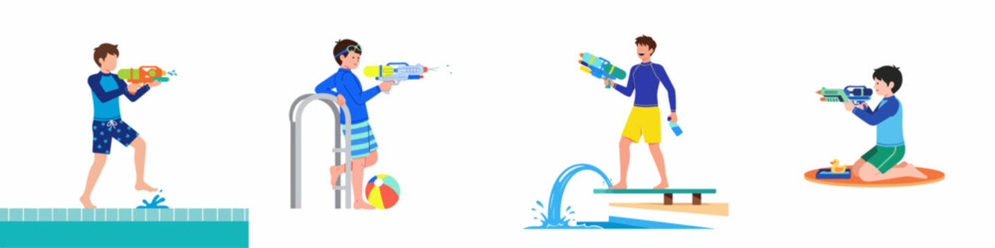 Vector illustration set of boys in swimwear playing with water guns near a swimming pool during summer vacation activities.