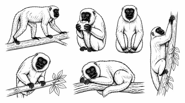 Set of capuchin monkey illustrations in various poses on tree branches