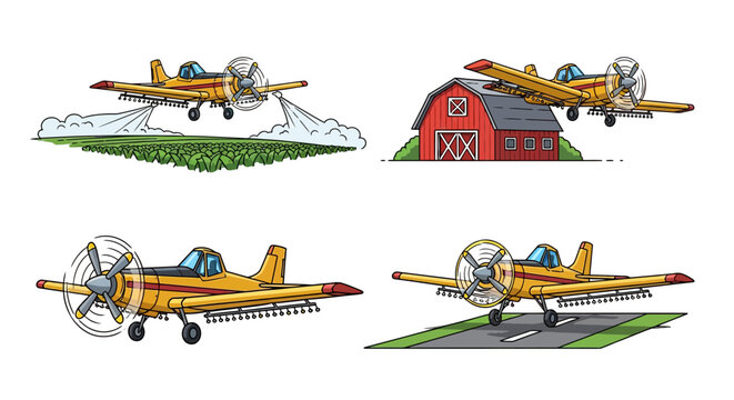 Crop Duster Airplane Scenes Spraying Fields, Landing, Near Barn, Close-up