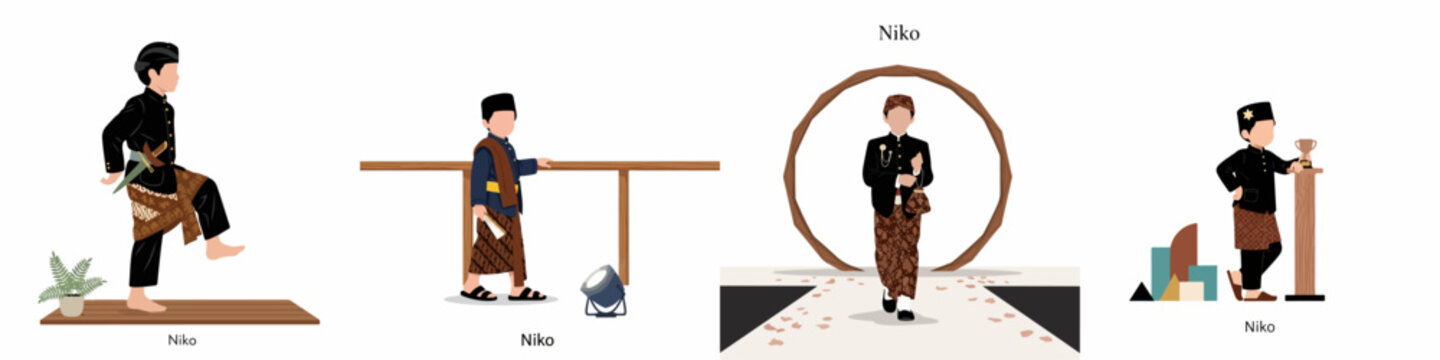 Illustrations of a young boy named Niko in traditional Javanese Indonesian clothing, featuring beskap, blangkon, and batik jarik in various poses.