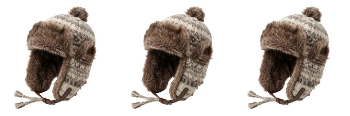 Fototapeta premium set of the isolated brown Donbas winter trapper hat on withe background PNG file''