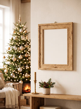 Rustic Wooden Frame Mockup in Cozy Scandinavian Christmas Living Room with Copy Space