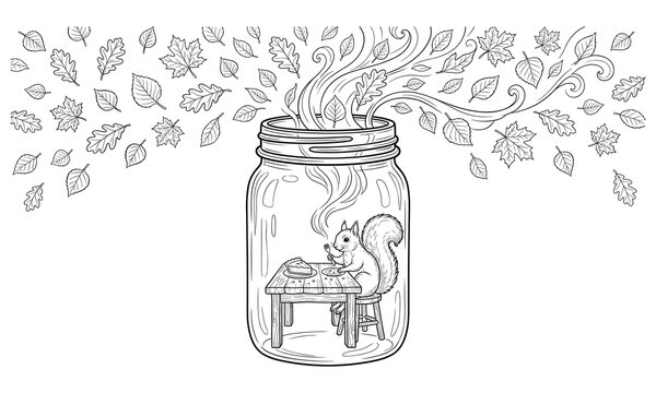 Whimsical autumn coloring page of a cute squirrel eating inside a glass jar with swirling fall leaves illustration