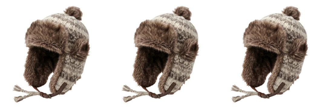 set of the isolated  brown Donbas winter trapper hat on withe background PNG file''