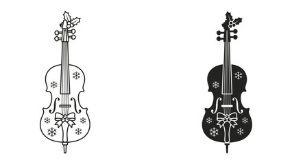 Christmas Cello Silhouette: A festive illustration of a cello adorned with Christmas ornaments, including holly and snowflakes, presented in both outline and silhouette versions. © mass