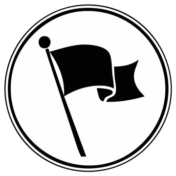 Minimalist black flag waving on a tall flagpole enclosed in a modern double-ring circular symbol icon.