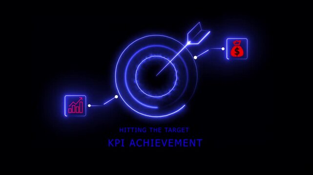 Digital KPI Businessman points to Hitting the Target" hologram, digital showing KPI achievement", profit and growth Dashboard with Business Target, performance success metrics, key,4k animotion.