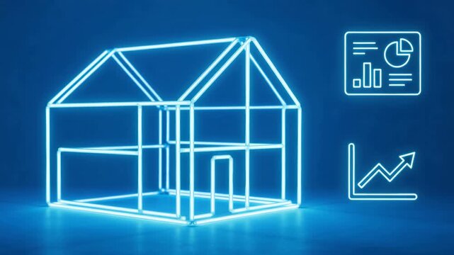 Architectural house scale model beside analytics dashboards and performance charts, showcasing smart real estate planning, 4K video