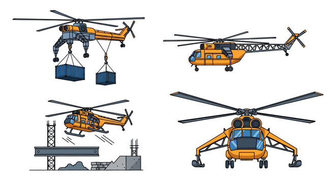 Yellow Heavy Lift Helicopters in Action Transport, Construction, Cargo, Aviation