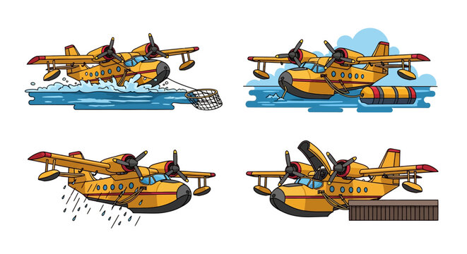 Seaplane Firefighting Operations Water Pickup, Flying, Dropping Water, Landing