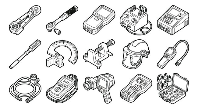 Isometric industrial tools and measuring equipment set, 15 professional engineering icons, technical hardware and safety gear vector illustrations
