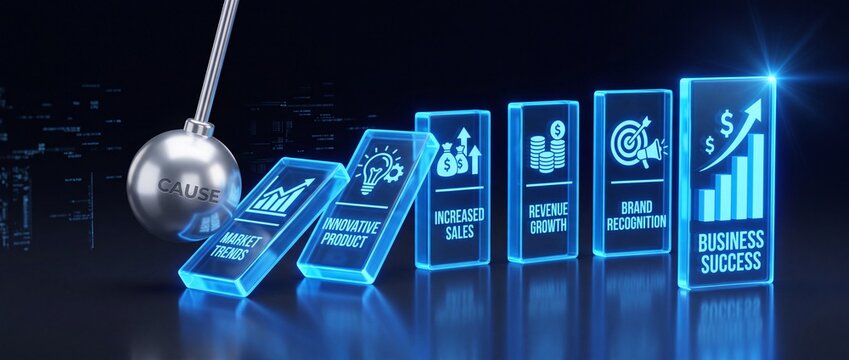 Business success concept illustrated by falling dominoes triggered by market trends and innovation leading to revenue and growth