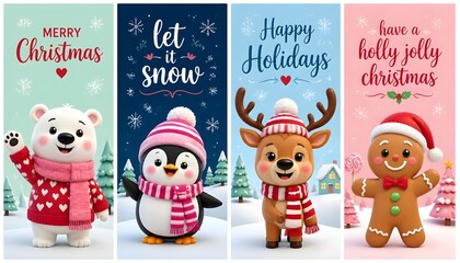 Fototapeta premium Winter holiday banner set with cute cartoon animals character.