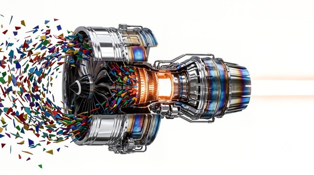 Cross section of a modern jet engine ingesting a chaotic swarm of colorful shattered geometric shapes