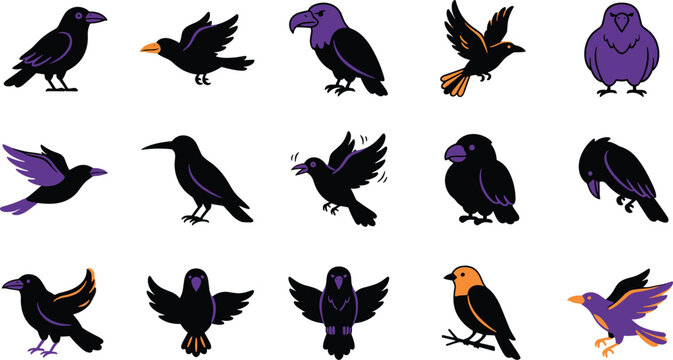 Raven and crow bird icon collection featuring flying perched wildlife characters in flat cartoon vector illustration set