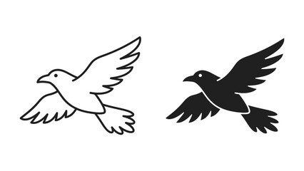 Naklejka premium Duo of Flying Doves: A simple graphic representation featuring two doves, one outlined in black and white, the other a solid black silhouette, soaring in mid-flight.