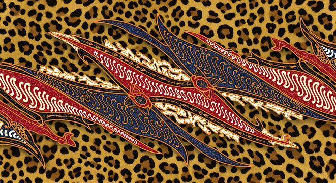 Exotic leopard print background with intricate traditional batik patterns in vibrant red blue and gold