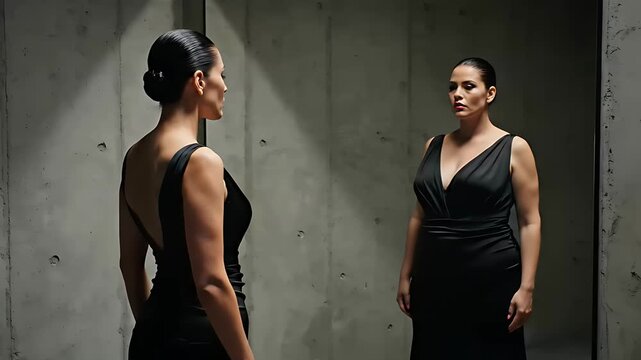 Elegant woman in a black dress looking at her reflection in a mirror. Sophisticated female standing against a minimalist concrete wall. Self-reflection concept for fashion and psychology.