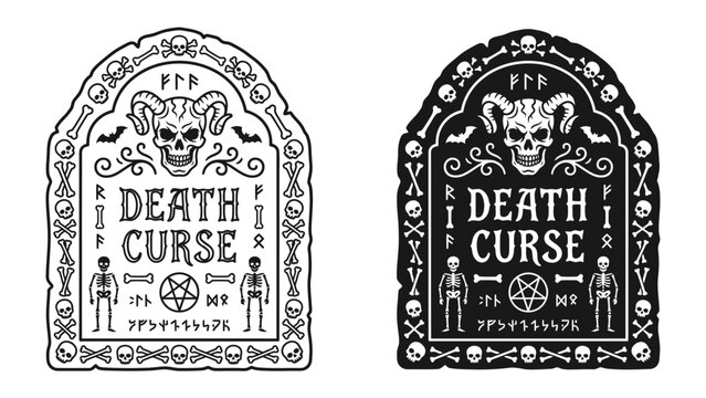 Death Curse Tombstone Graphics: Two distinct tombstone designs, one outlined and one solid black, feature macabre imagery including skulls, bats, and skeletal figures.