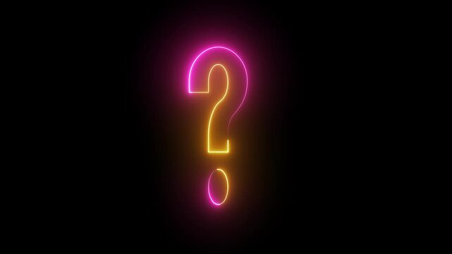 Neon question marks glowing with pink and orange light in darkness suggesting inquiry and mystery