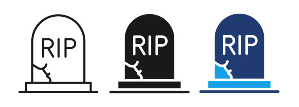 Halloween RIP Tombstone Icon Set Vector, Gravestone Grave Marker, Haunted Cemetery Line Solid Color Illustration