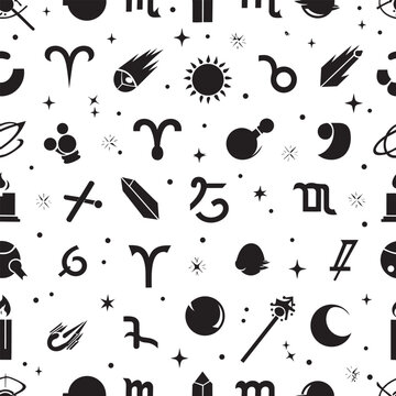 Seamless pattern with magic astrology and alchemist symbols occult signs mystical background