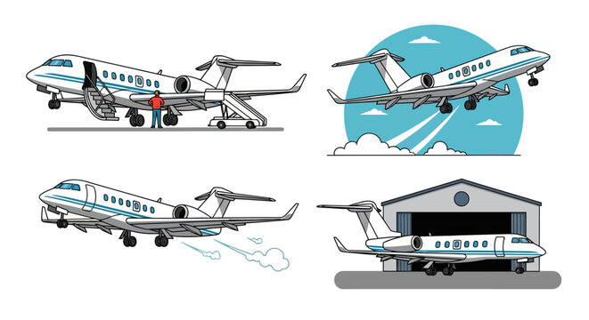 Private Jet Set Business Plane Four-Panel Icons - Luxury Travel  Aviation