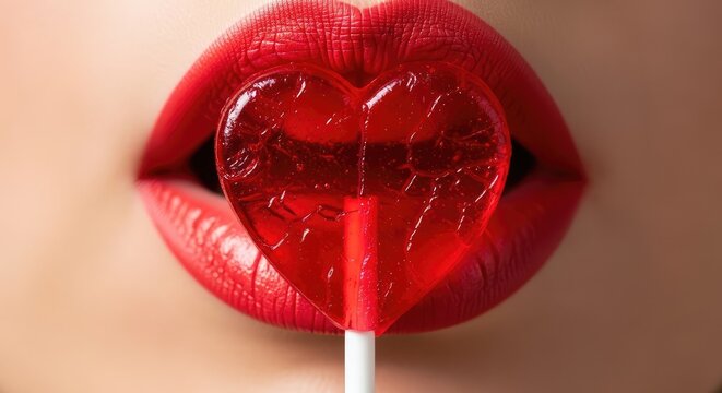 Close up of a sexy red woman lips holding a glossy red heart shaped sweet candy lollipop