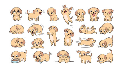Fototapeta premium Adorable Cartoon Golden Retriever Puppies Collection in Various Playful Poses.