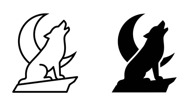 Wolf howling at Moon Icon: A stylized wolf silhouette and outline howl at a crescent moon, perched on a rock. Iconic representation of the wild, nature, and nocturnal animals.