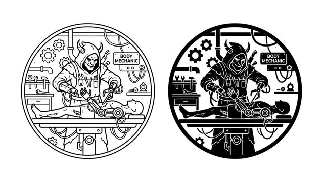 Sci-Fi Mechanic Operates on a Humanoid: Two circular monochrome illustrations depict a sinister sci-fi mechanic in a hooded costume, complete with horns.