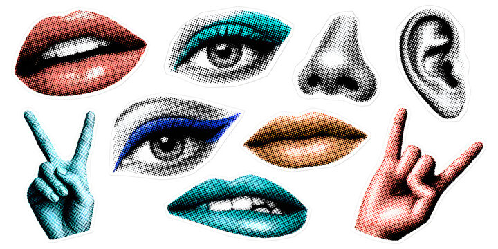 Trendy Contemporary Art Collage Sticker Set with Face Elements, Pop Art Turquoise and Blue Eyes, Red and Teal Lips with Hand Gestures, Zine Style Collection Isolated on Transparent Background
