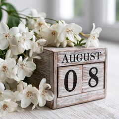 Wooden Calendar Showing the Date of August 8th. Day 8 of August month
