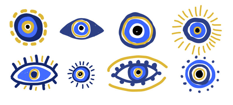 Evil eye symbol collection in hand drawn naive style. Blue and gold nazar amulet vector set for protection, spiritual and Mediterranean design.