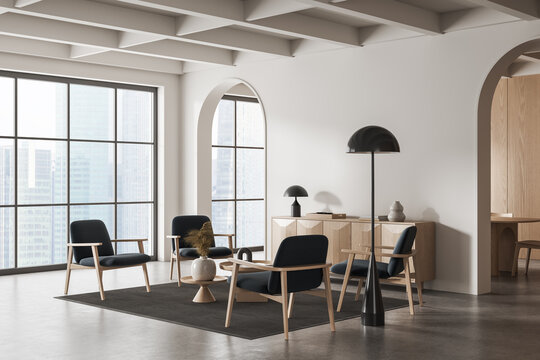 Modern minimalistic interior lounge with wooden furnishings, soft seating, large city‑view windows and contemporary decor in a refined architectural space. 3D Rendering