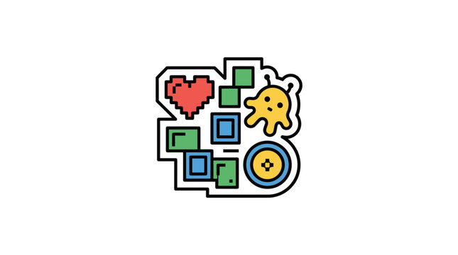 Pixel art style gaming icons with heart and monster.