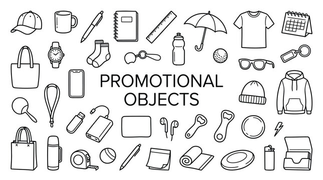 Promotional objects doodles illustration featuring everyday items used for branding, marketing, and corporate giveaways in minimalist design