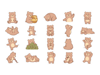 Fototapeta premium Adorable Cartoon Bears Collection Posing in Various Cute Playful Positions.