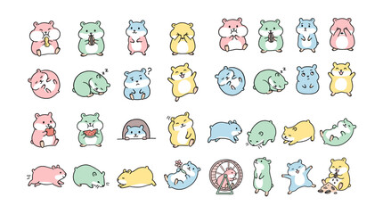 Fototapeta premium Cute Colorful Hamsters in Various Poses and Activities Collection.