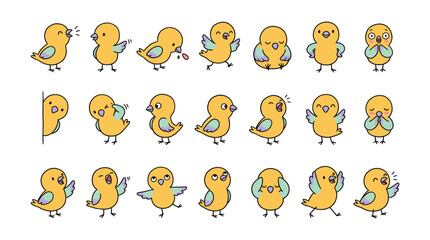 Fototapeta premium Adorable Cartoon Yellow Chicks Expressing Various Emotions and Playful Poses Collection.