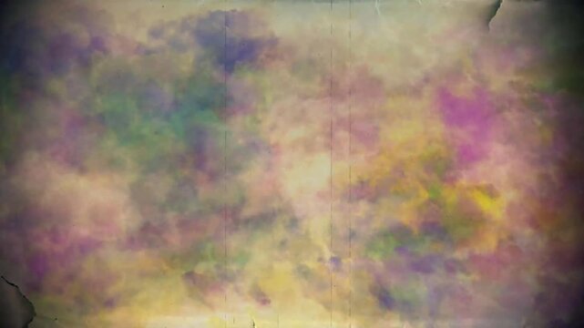 Vintage colorful smoke clouds moving slowly on old scratched paper texture background seamless loop