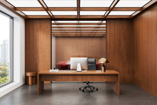 Modern wooden office interior with minimal desk, large window view, and refined architectural design elements in warm tones. 3D Rendering