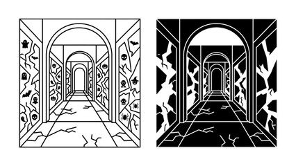 Corridor of Shadows: A haunting illustration depicts a long, arched corridor, rendered in both outline and silhouette, its walls adorned with cryptic symbols and its floor fractured by cracks. © Sara