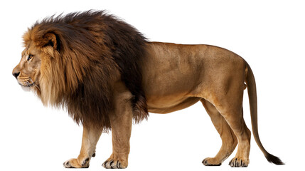 Male lion with dark mane standing profile view © Michal