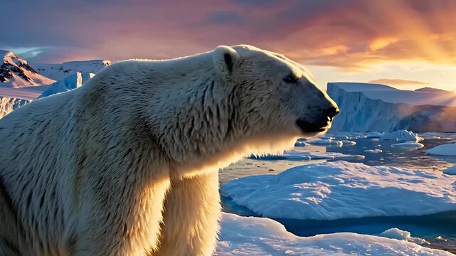 Polar bear on a floating iceberg at sunset. Majestic predator in the Arctic landscape with ice floes and mountains. Climate change awareness concept, ideal for environmental conservation campaigns.