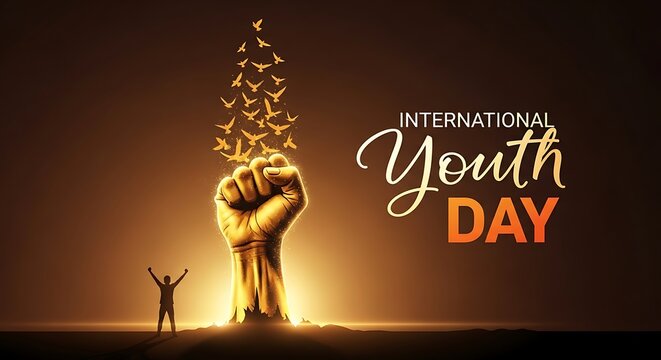 International Youth Day background with a powerful golden raised fist and flying birds of freedom on dark background, 3d rendering concept illustration