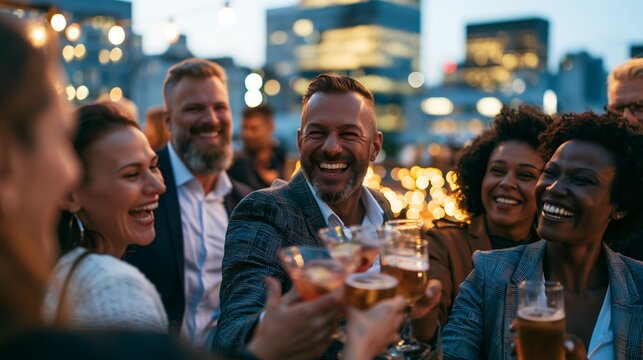 Diverse group of corporate colleagues enjoying drinks and laughing at a rooftop bar