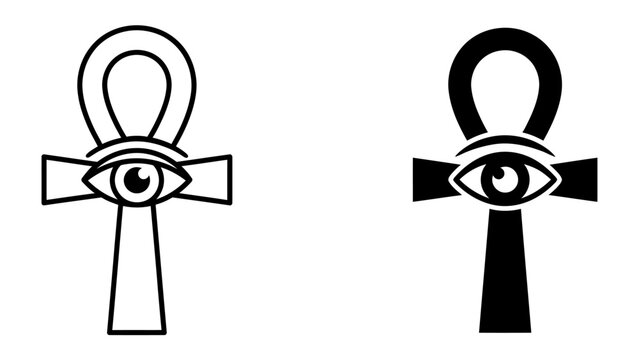 Ancient Egyptian Ankh and Eye of Horus Symbol: Two stylized ancient Egyptian symbols, the ankh and the Eye of Horus, presented in both outline and solid black variations.