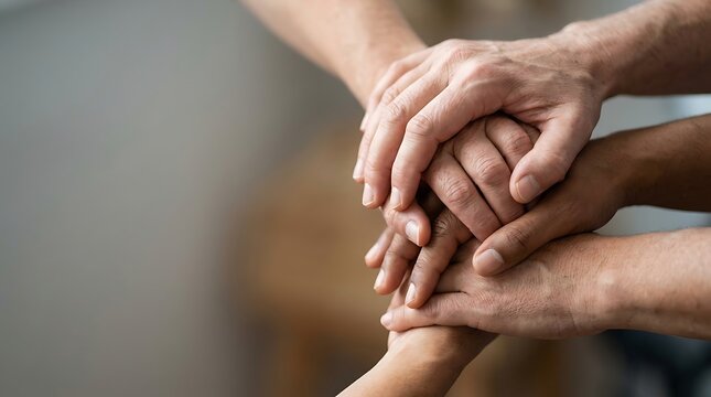 Hands of diverse people stacked together in unity and support